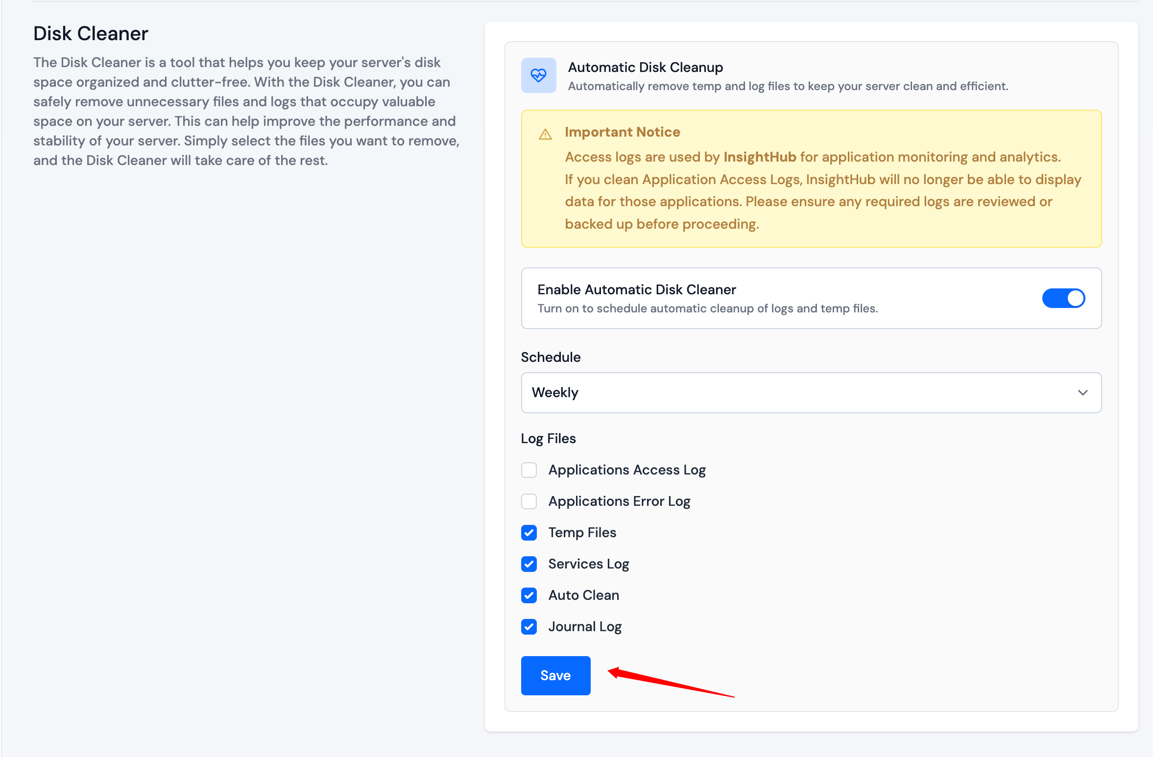 Automatic Disk Cleaner schedule settings