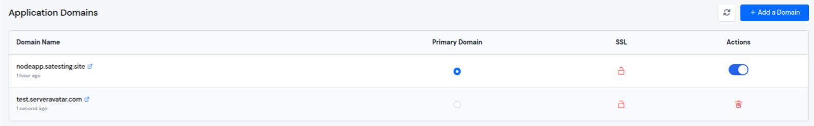 Application Domains table with newly added domain
