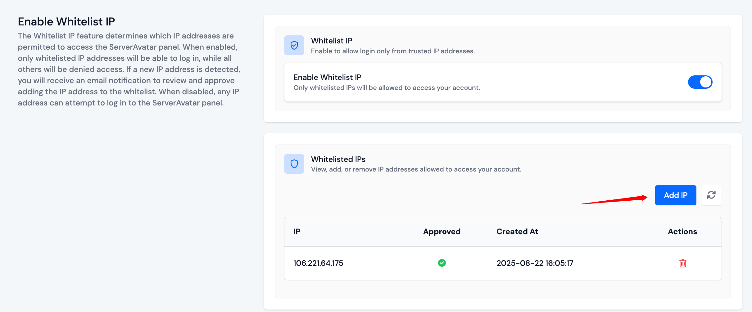 Add IP button on Whitelist IP card