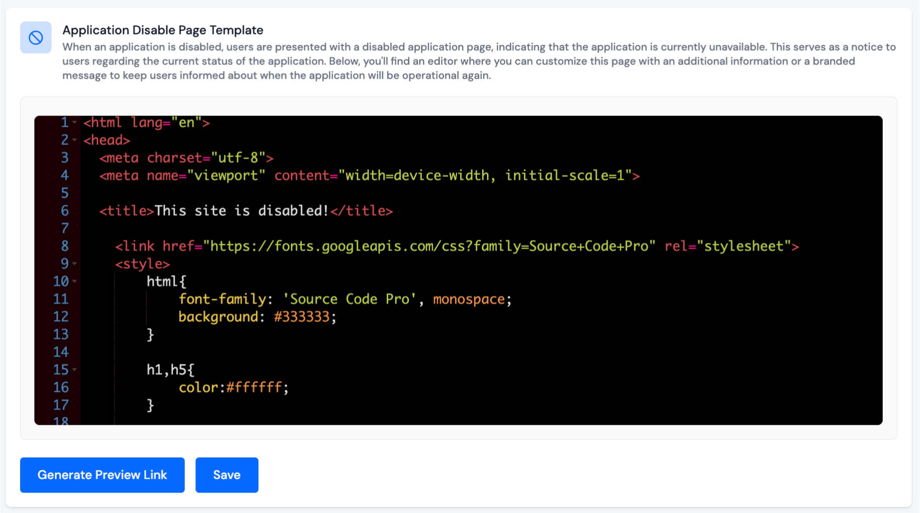 Application Disable Page Template
