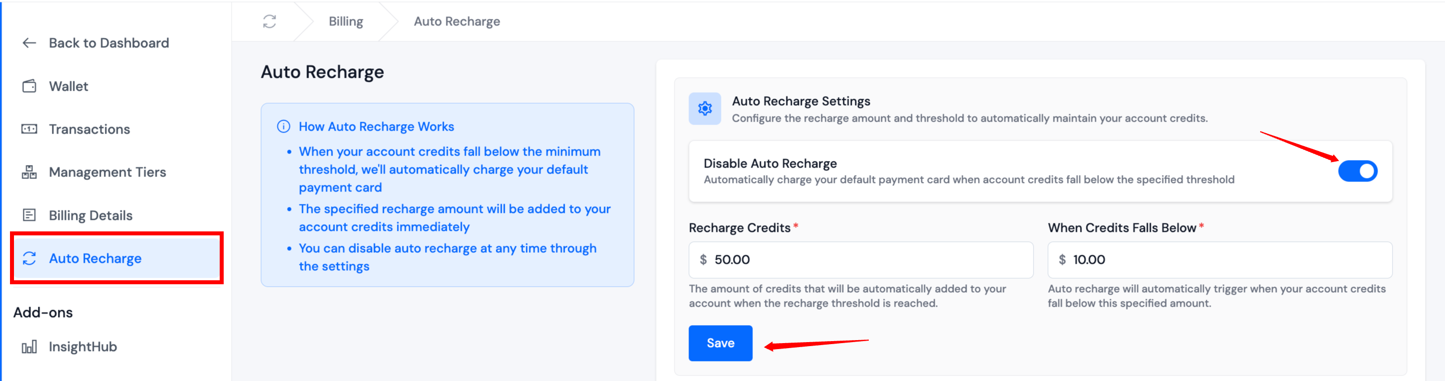 Auto Recharge Settings