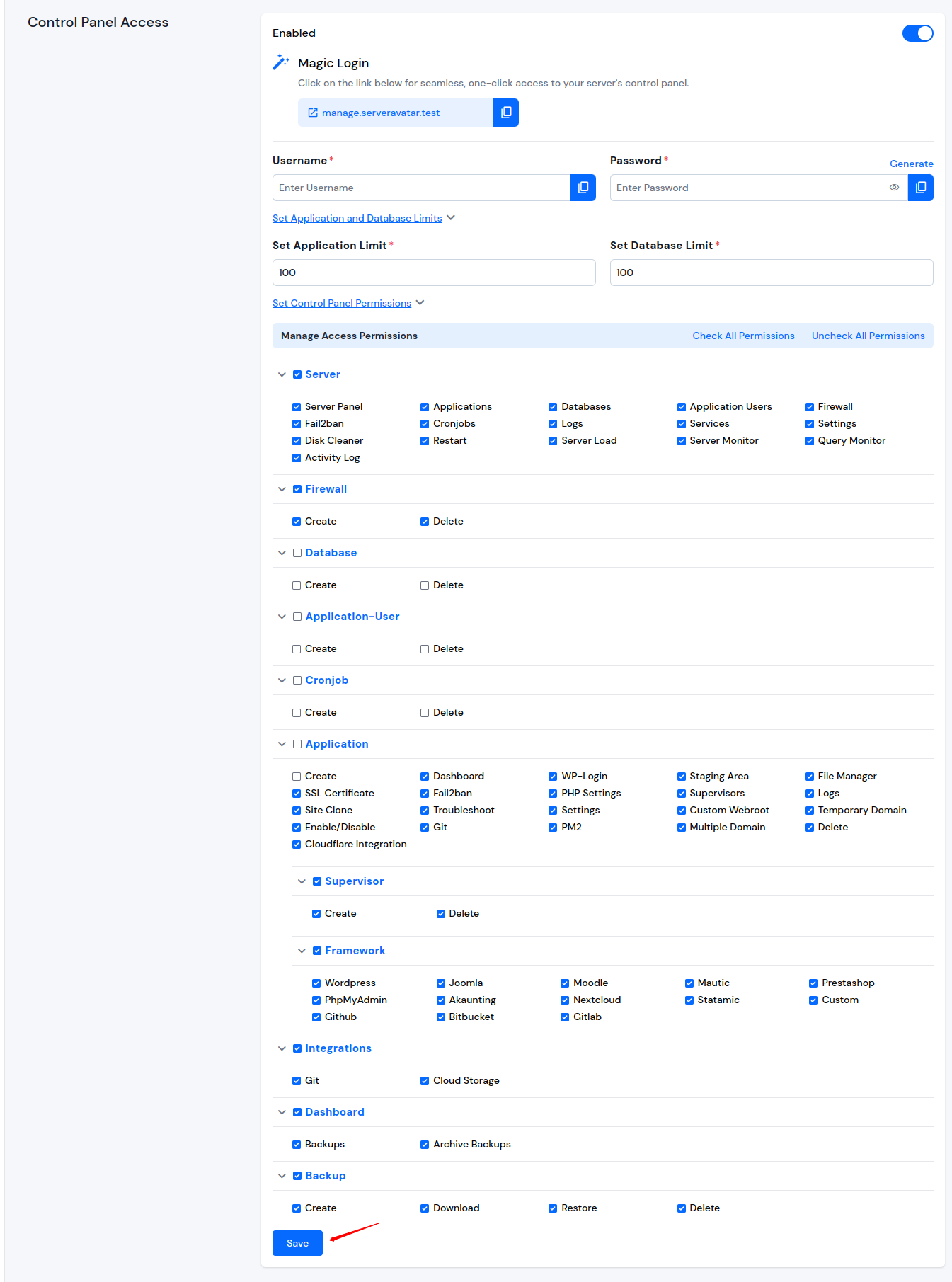 Control Panel access settings with Save button