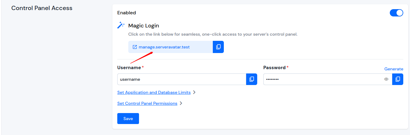 Control Panel domain link and copy button