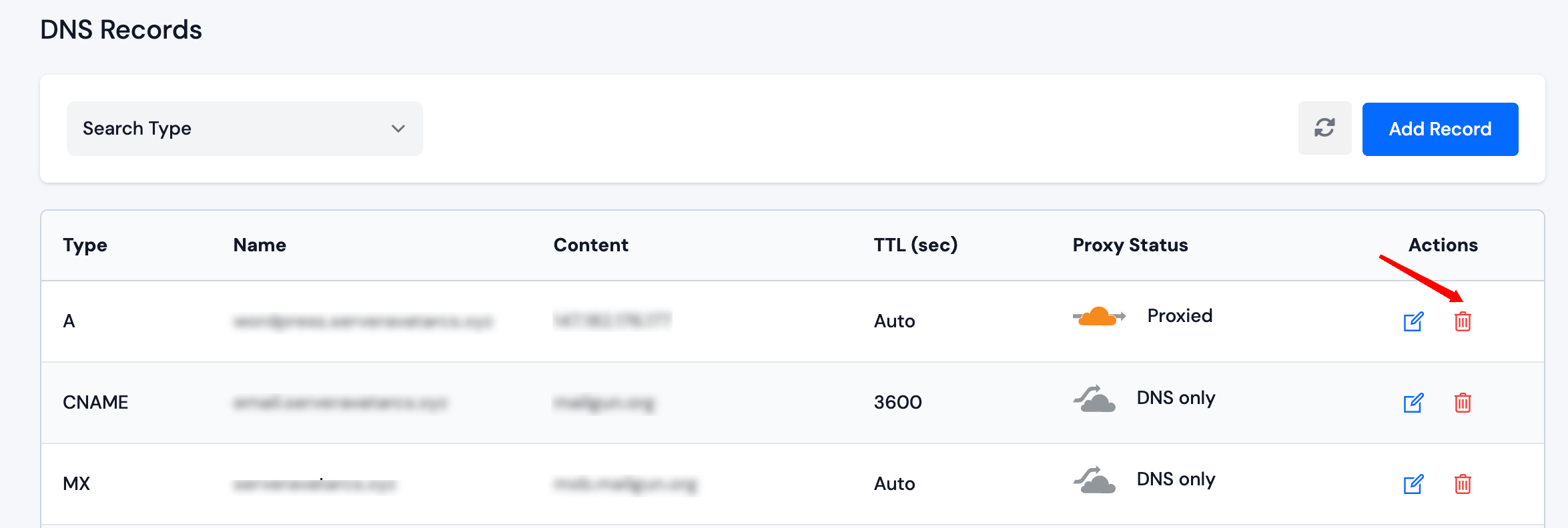 Delete DNS Record Modal