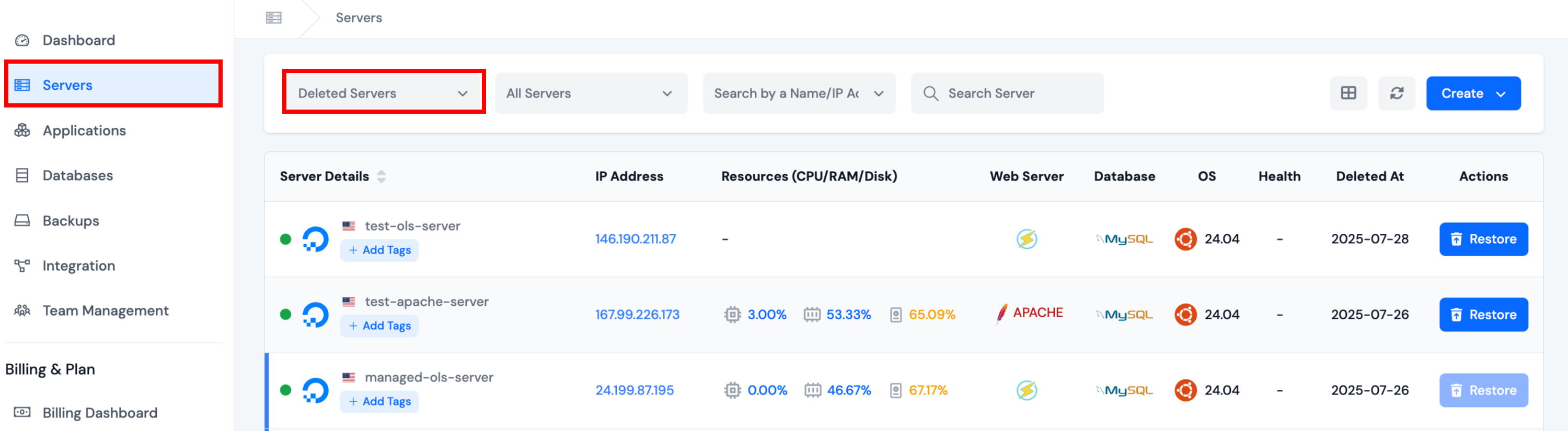 Deleted Servers Dropdown
