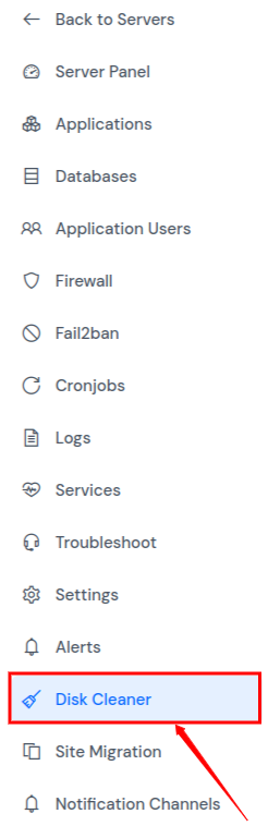 Disk Cleaner option in server sidebar