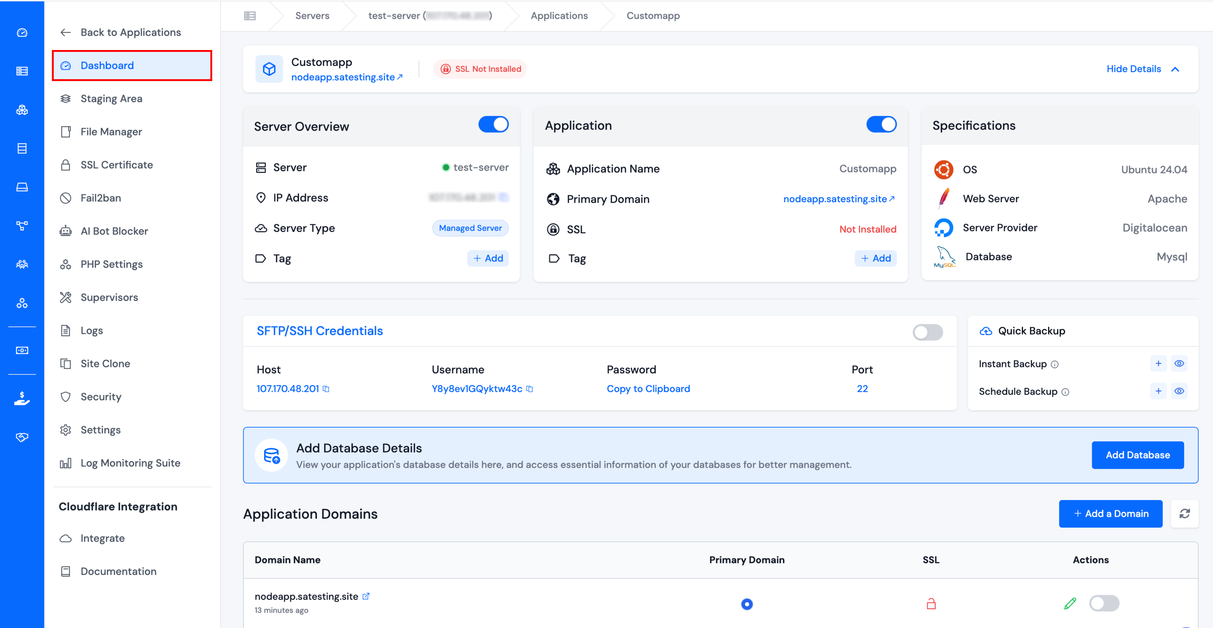 Application Domains table with Add a Domain