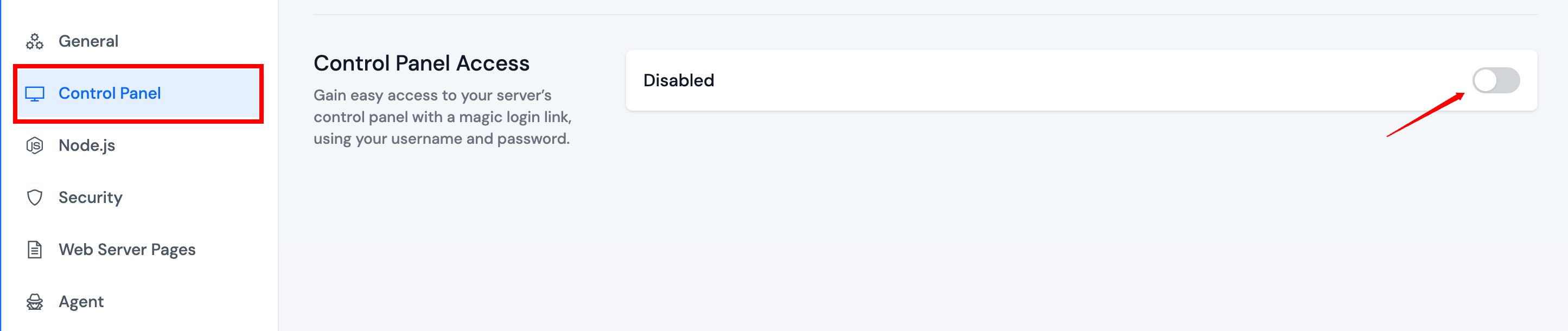 Control Panel setting with enable switch