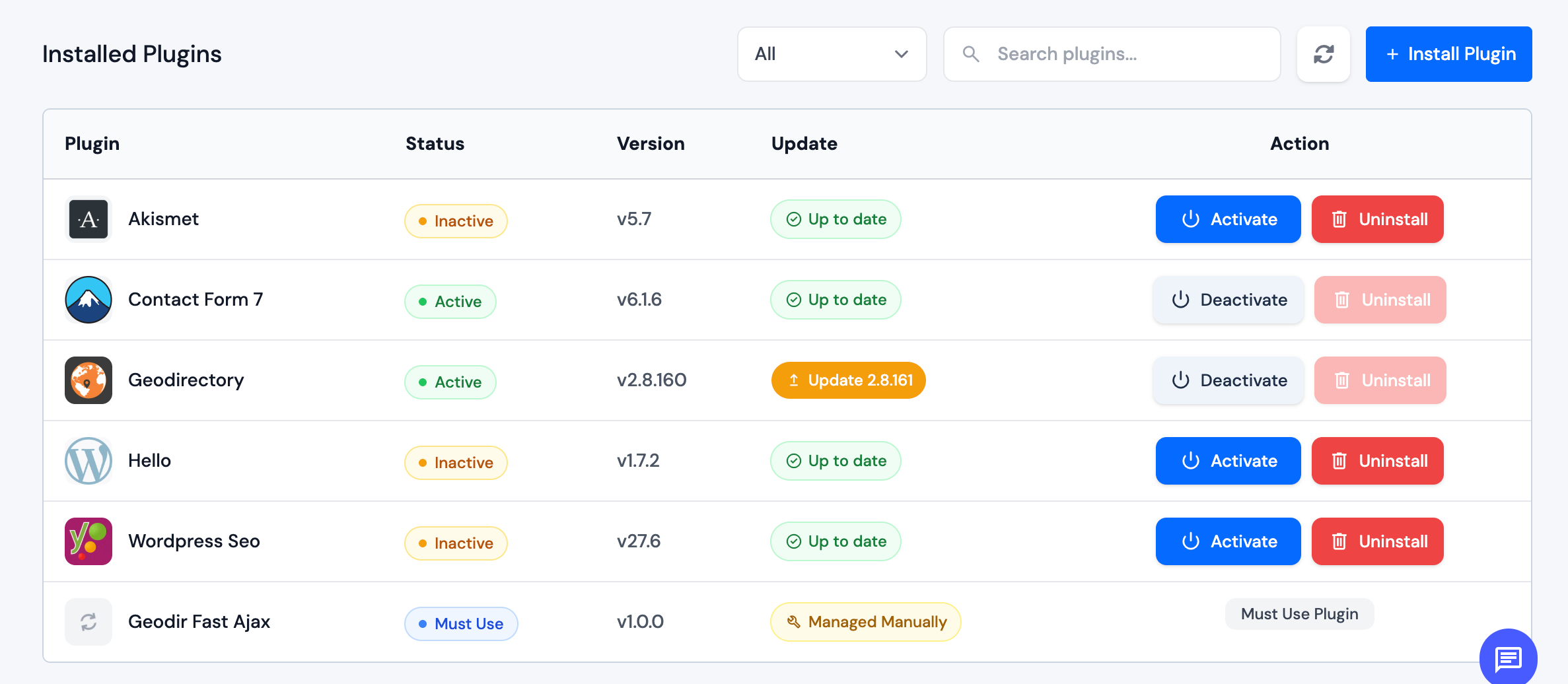 Installed plugins list