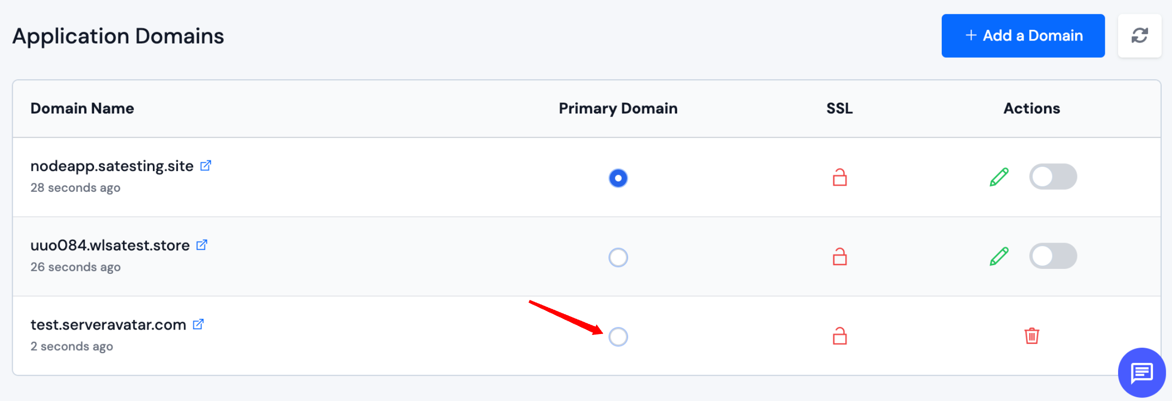 Set primary domain with radio button