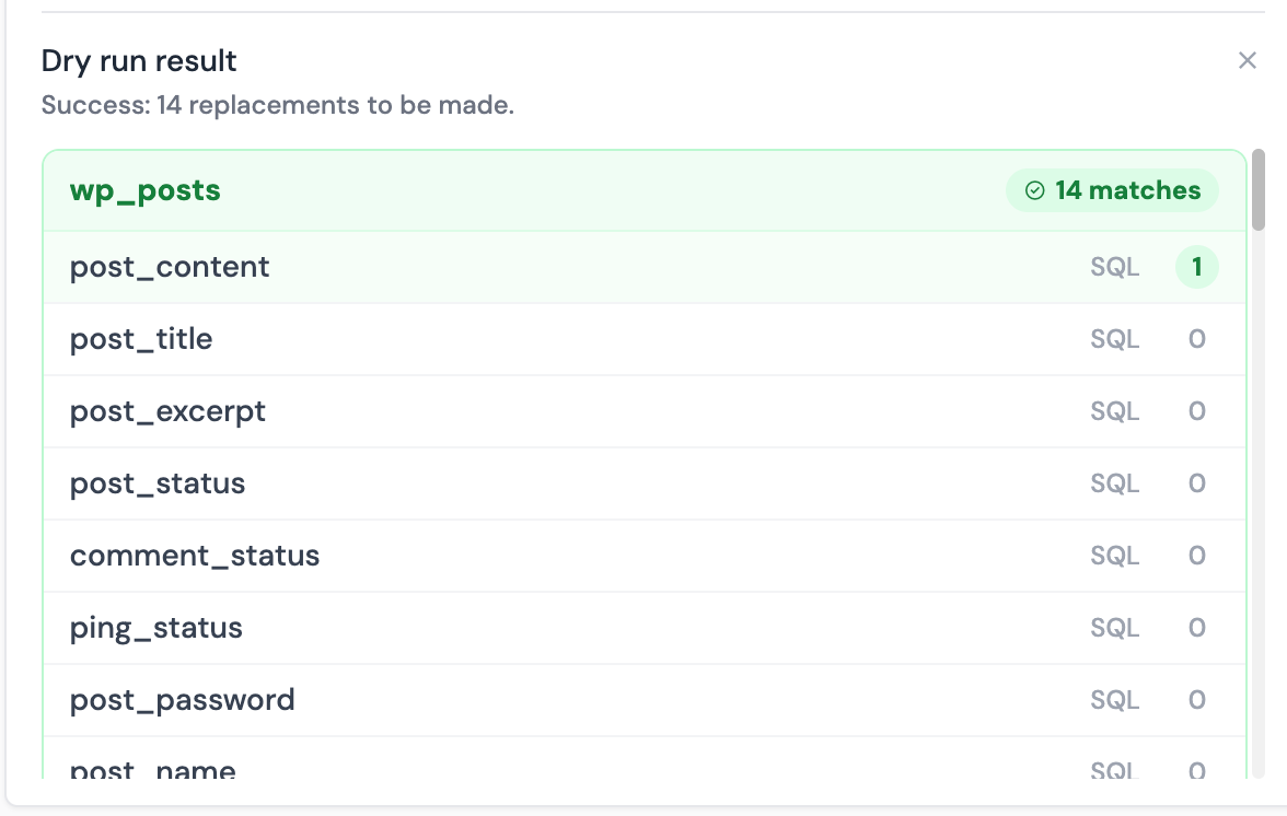 Search and Replace dry run result