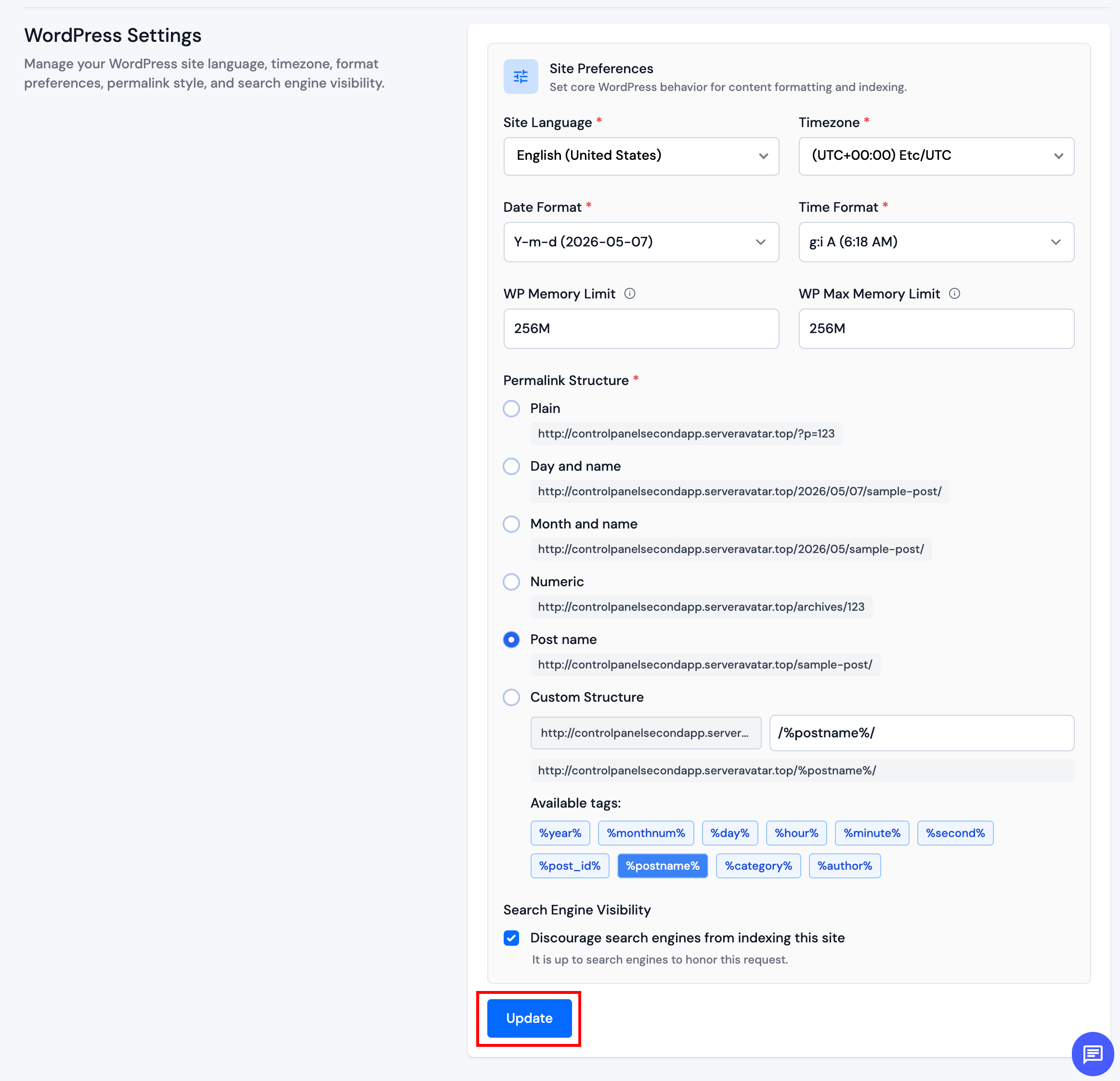 Save site settings
