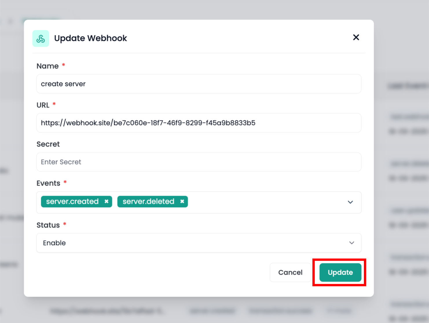 Update Webhook Form