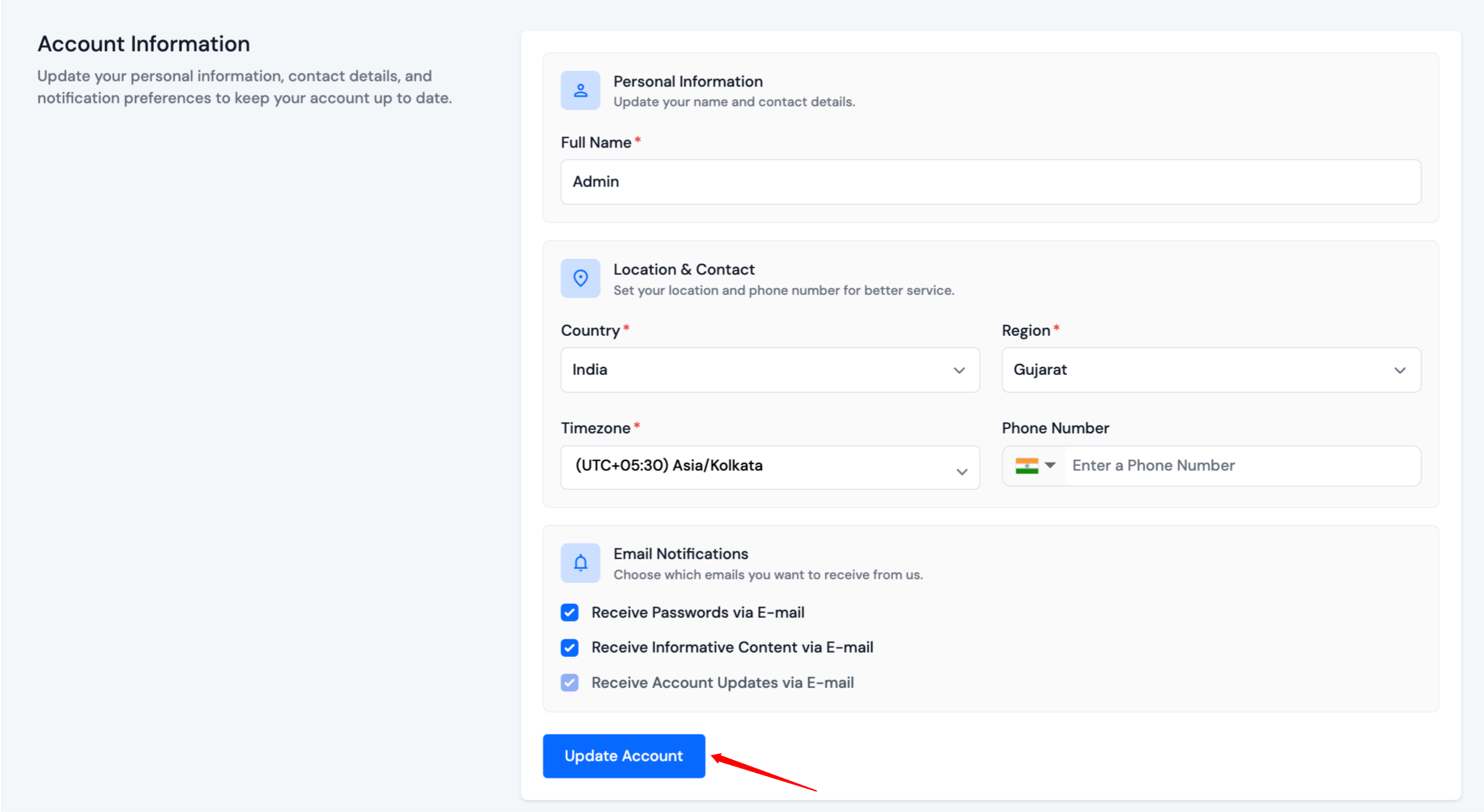 Update Account Information Option