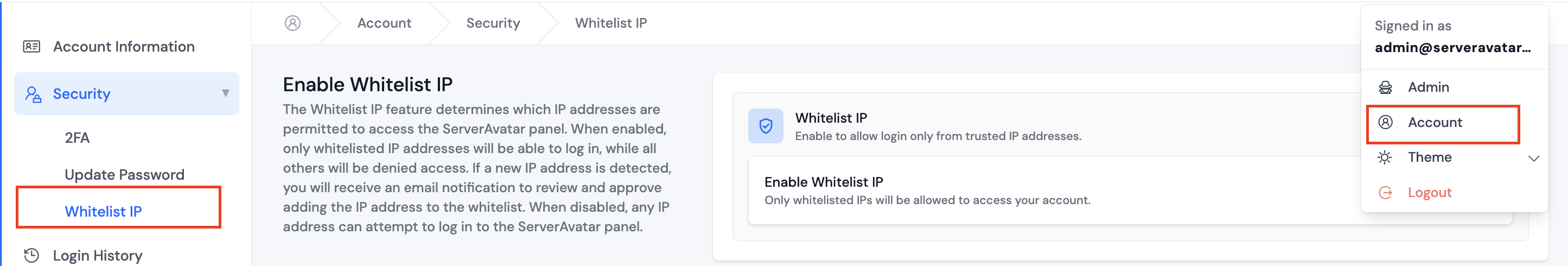Whitelist IP option in sidebar